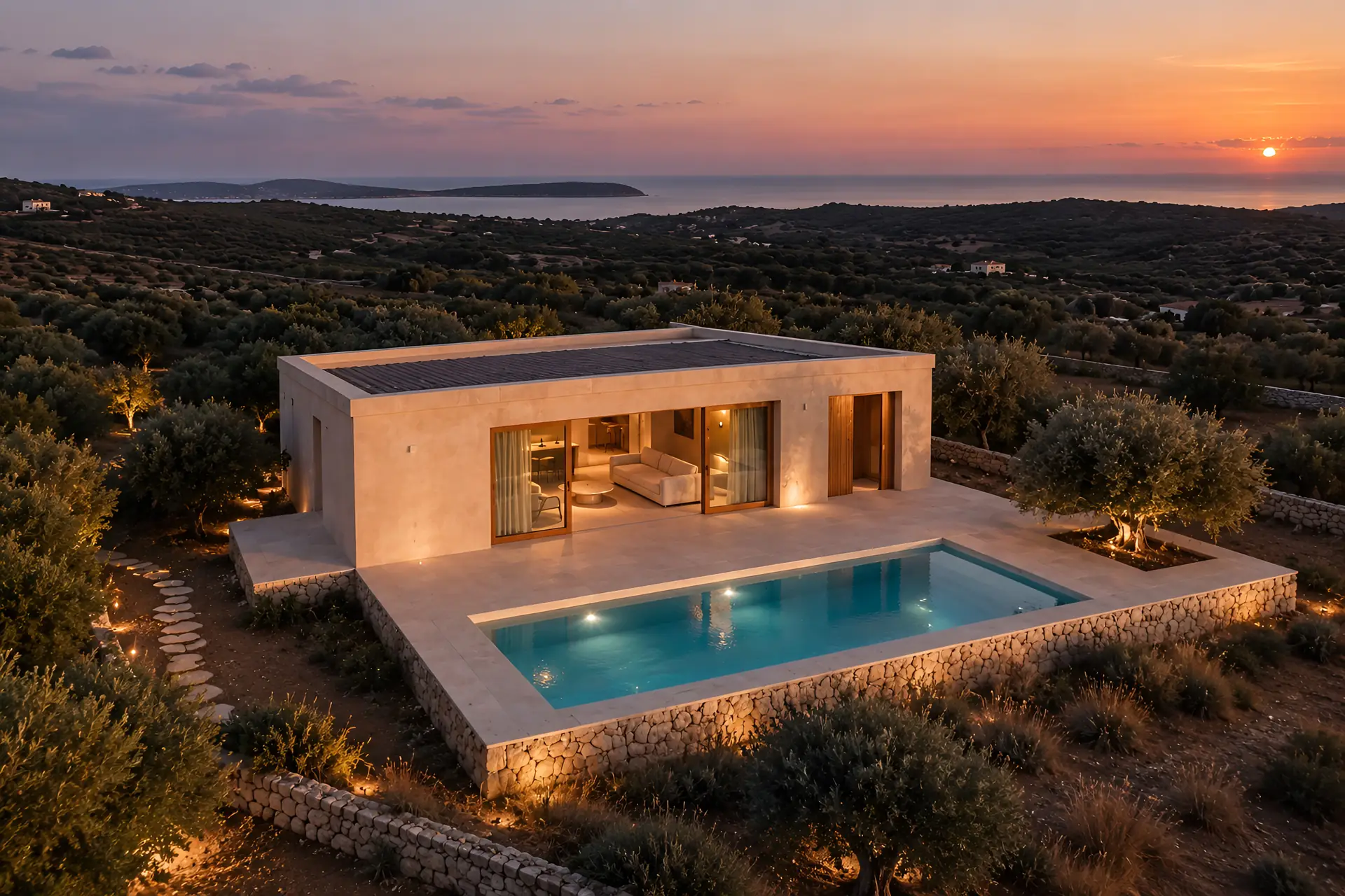 maison avec piscine vue depuis les collines au crépuscule