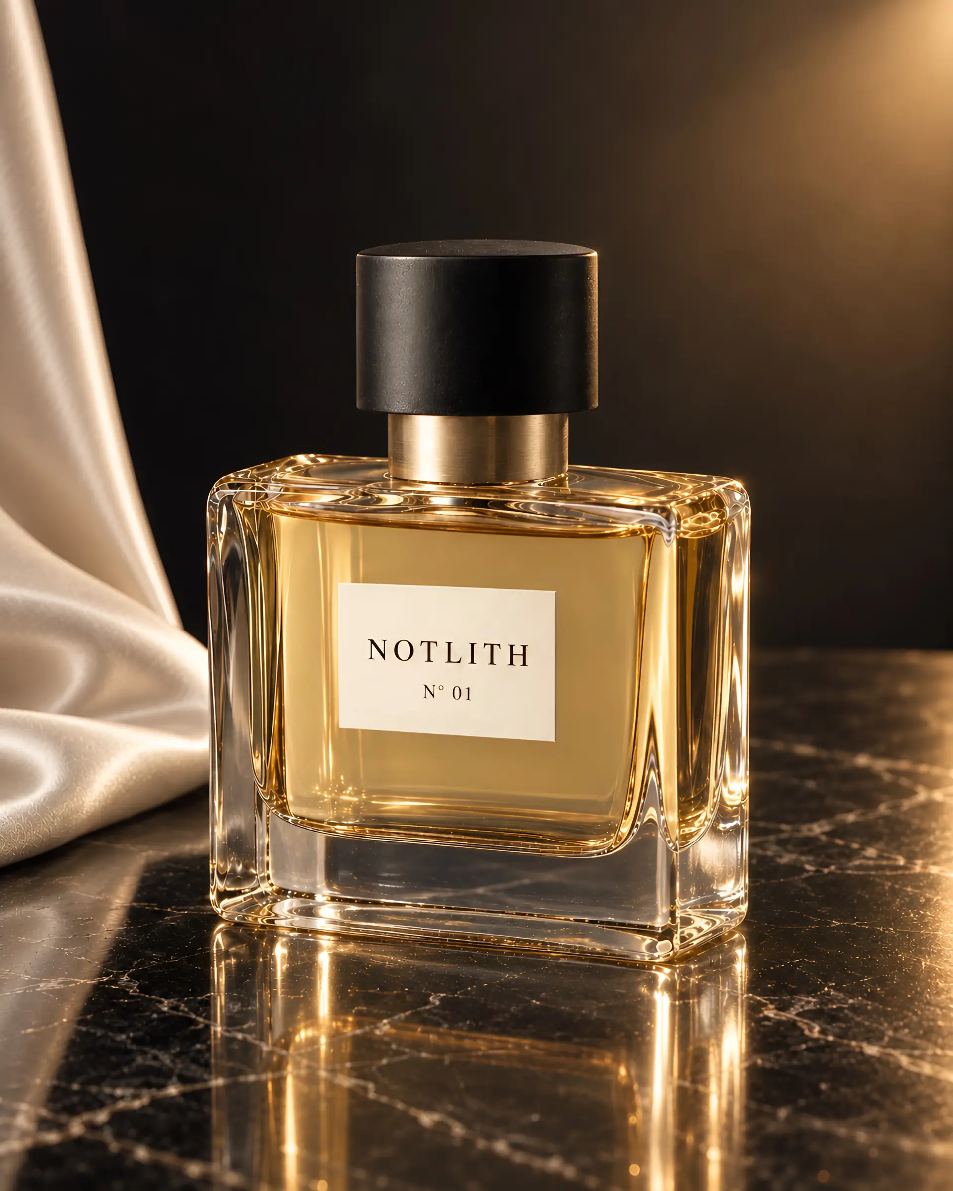 flacon de parfum posé devant un tissu drapé